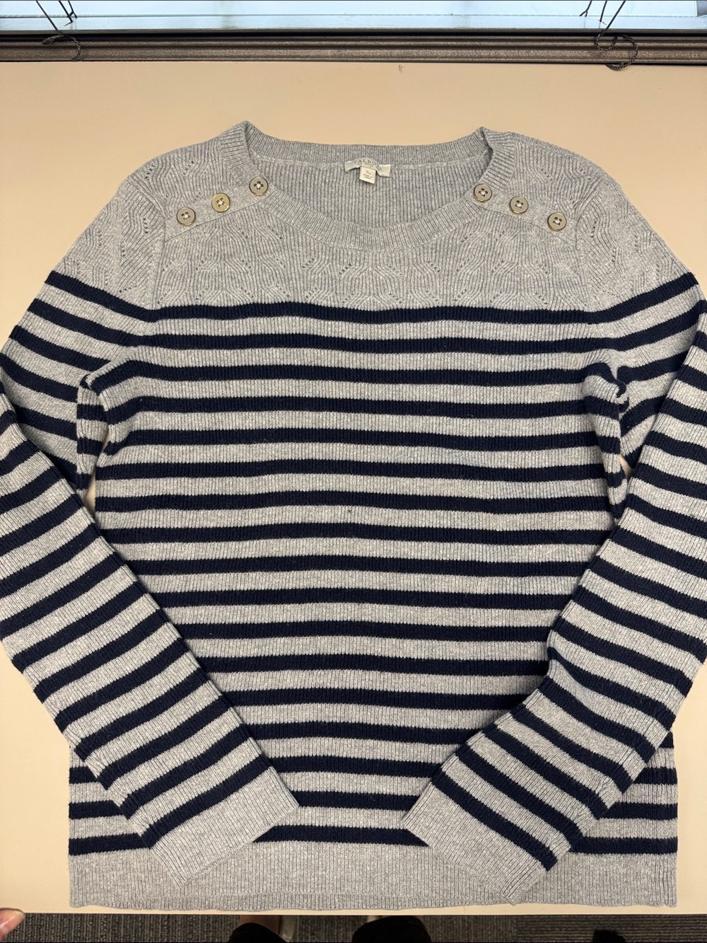 Talbots Black & Light Gray Striped Crewneck Sweater with Shoulder Buttons SP